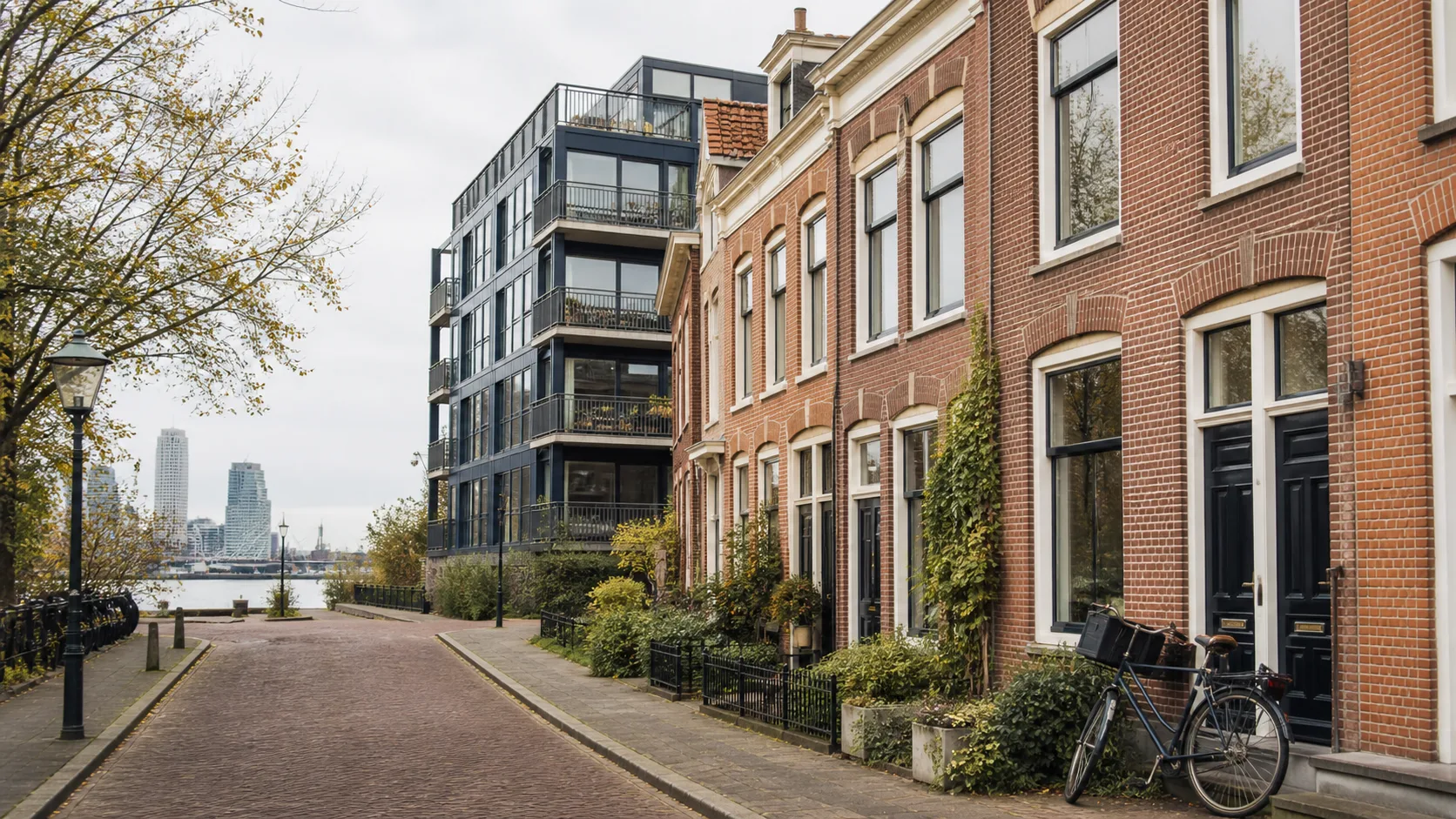 Rij huizen en een appartement in Rotterdam bij zacht daglicht