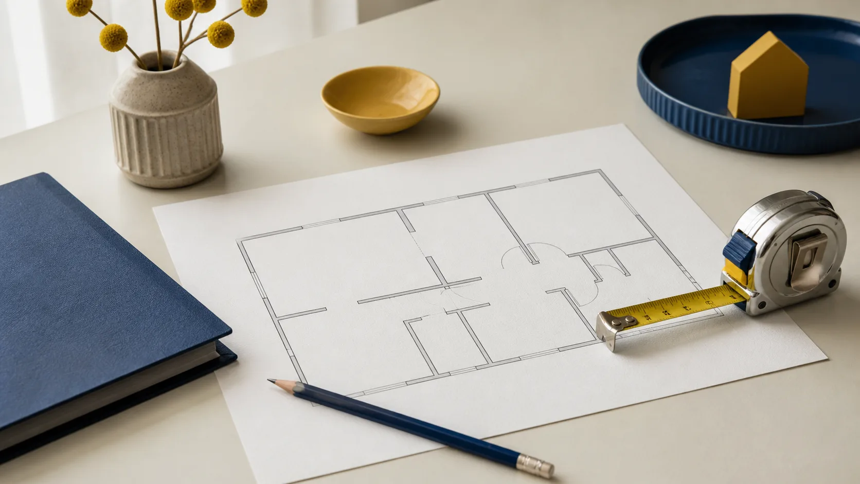 Blanco plattegrond met meetlint en map op een tafel