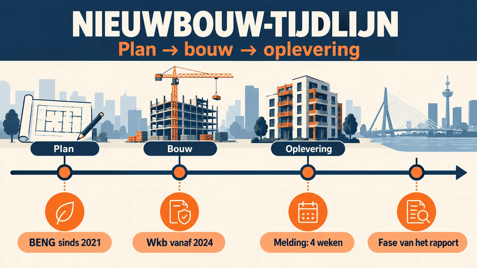 Nieuwbouwfasen met BENG sinds 2021, Wkb sinds 2024, meldingstermijn van vier weken en rapportbewijs