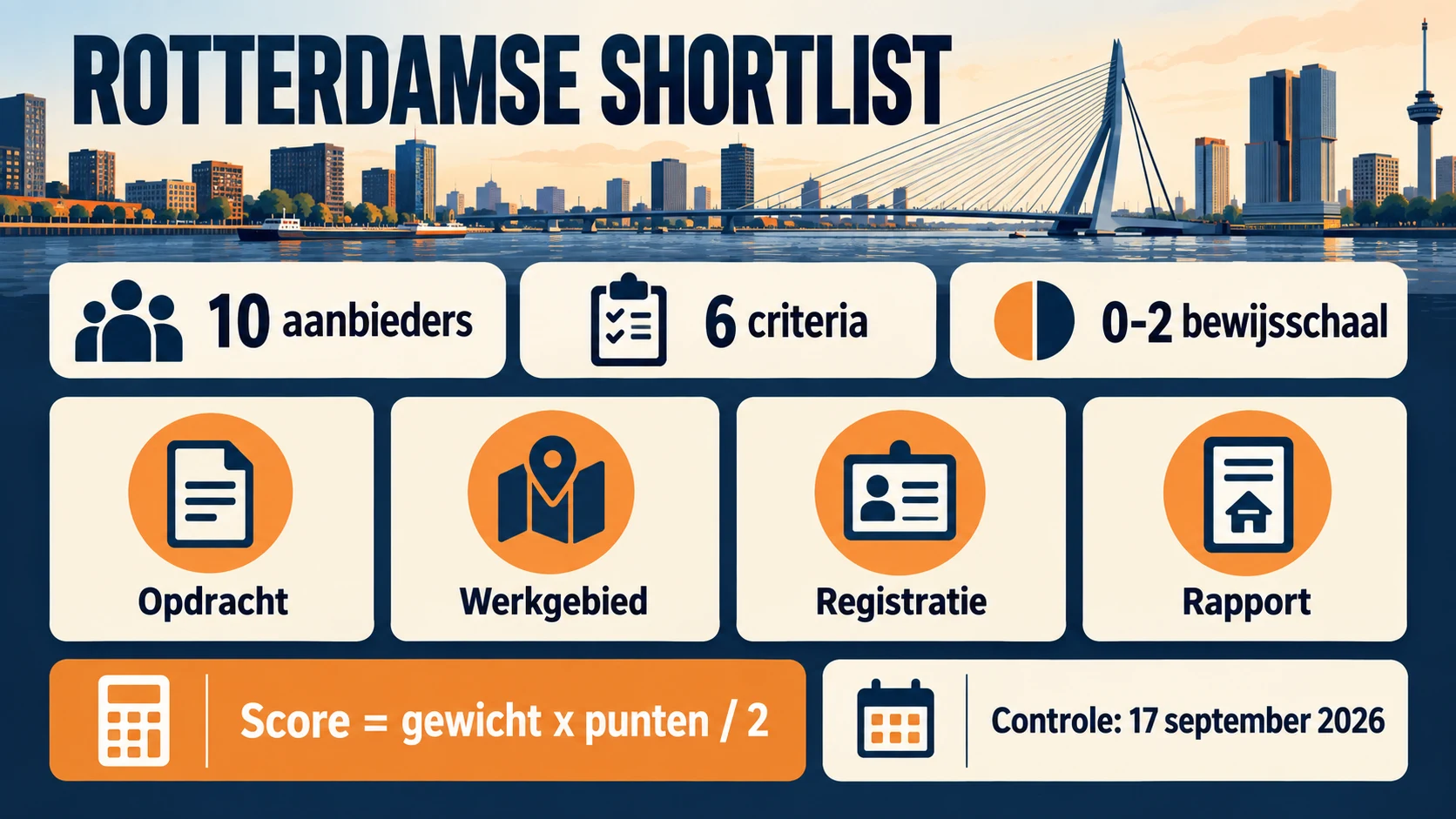 Een Rotterdamse shortlist met tien genoemde aanbieders en zes gewogen selectiecriteria per 17 september 2026